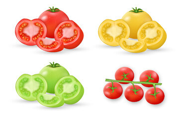 Tomatoes set. Cherry tomato on branch, whole, sliced half of ripe red, yellow and green vegetable