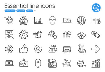Medical help, Cross sell and Bacteria line icons. Collection of Face recognition, Info, Cyber attack icons. Warning, Ab testing, Service web elements. Employees group, Rotation gesture. Vector
