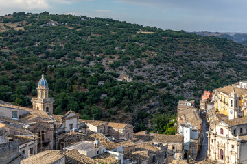Fototapeta na wymiar Ragusa Ibla, Sicily, Italy - July 14, 2020: Panoramic view of Ragusa Ibla, baroque city of Sicily, southern Italy