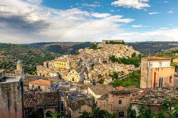 Fototapeta na wymiar Ragusa Ibla, Sicily, Italy - July 14, 2020: Panoramic view of Ragusa Ibla, baroque city of Sicily, southern Italy