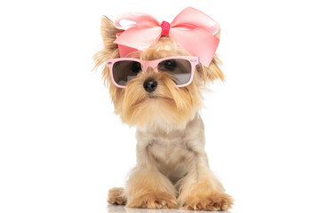 yorkshire terrier dog wearing nice bow and sunglasses