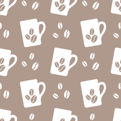 White coffee cups on soft brown background vector seamless pattern. Best for textile, cafe decor, wallpapers, wrapping paper, package and web design.