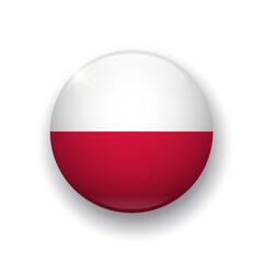 Realistic glossy button with Poland flag. 3d vector element with shadow underneath. Best for mobile apps, UI and web design.