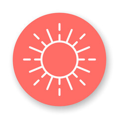 Sun round icon. White line vector element on red background. Best for mobile apps and web design.