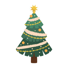 Decorated Christmas Tree with Star on Top, Baubles and Garlands Isolated on White Background. Cartoon Design Element