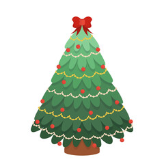 Decorated Christmas Tree with Festive Decor Bow, Balls and Garlands Isolated on White Background. Cartoon Icon
