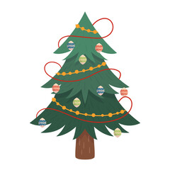 Decorated Christmas Tree with Balls and Garlands Isolated on White Background. Design Element for New Year and Xmas