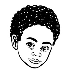 Curly black African American little small boy prince profile face head portrait stencil.Cute baby silhouette drawing,wavy hair.Afro child hairstyles.Curls.T shirt print.Plotter laser cut.DIY.