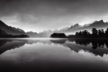 Beautiful reflections of Southern Alps at Lake Matheson, New Zealand, in the early morning mist, in black and white.