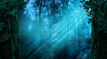Blue misty fantasy forest landscape. Rays of light in blue smoke, old mossy oak trees, silhouettes on misty woods background