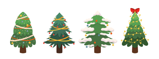 Set of Cartoon Christmas Trees, Winter Holiday Isolated Pines for Greeting Cards and Invitation Design New Years Icons