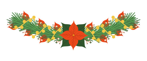 Christmas Garland Isolated On White Background. Traditional Xmas Decor Of Spruce Branches With Decorative Elements