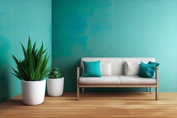 Interior wall mockup with green plant,Light blue wall and shelf.3D rendering