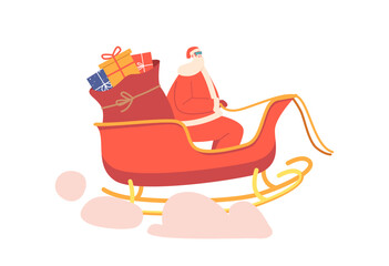 Merry Christmas and Happy New Year Greetings Concept. Santa Claus Riding Reindeer Sledge Flying at Sky with Gifts