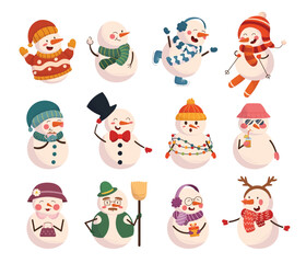Set Of Cute Snowmen Winter Characters, Funny New Year And Christmas Personages Drinking Cocktail Or Cocoa