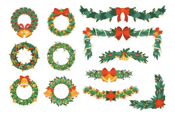 Set of Christmas Tree Wreaths and Garlands, Winter Decoration of Plants, Berries, Leaves and Toys, Fir or Pine Branches