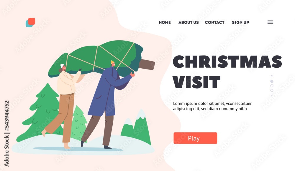 Wall mural Christmas Visit Landing Page Template. Happy Couple Man and Woman Carry Fir Tree. New Year Holidays Preparation