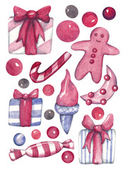 Festive set. Watercolor isolated illustration of Christmas gifts and sweets