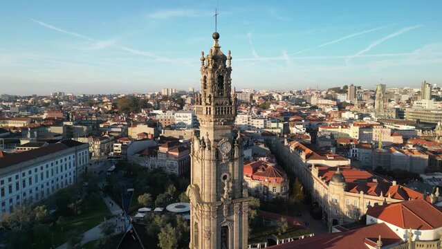 Aerial footage of the Clerigos Tower (Torre dos Clerigos), Porto, Portugal. Unesco World Heritage Site