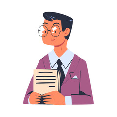 Man Character in Glasses as Member of Negotiation at Negotiating Table Vector Illustration