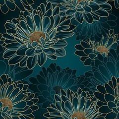 Abstract elegant seamless pattern with hand-drawn chrysanthemums flowers and leaves. Pattern for creating packaging, wallpaper, fabric.