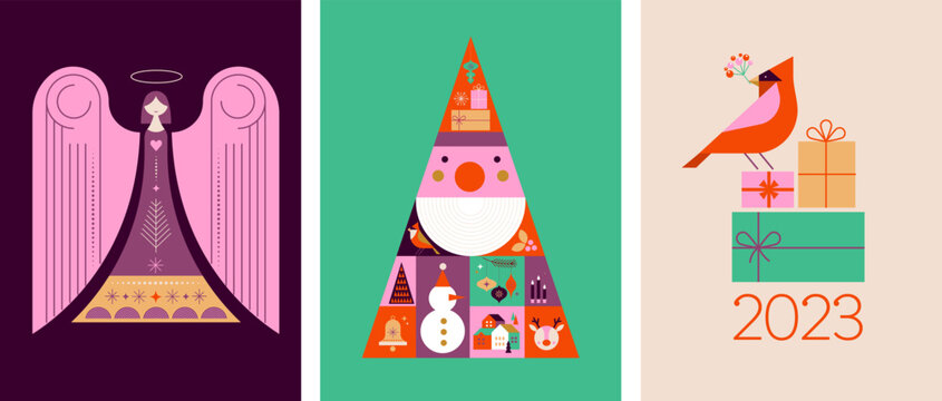 Merry Christmas modern design, holiday gifts, winter elements, candles, Christmas tree, village and Xmas decorations. Colorful vector illustration in flat geometric cartoon style