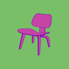 Mid-century modern Eames style molded plywood chair, violet line art on green background.