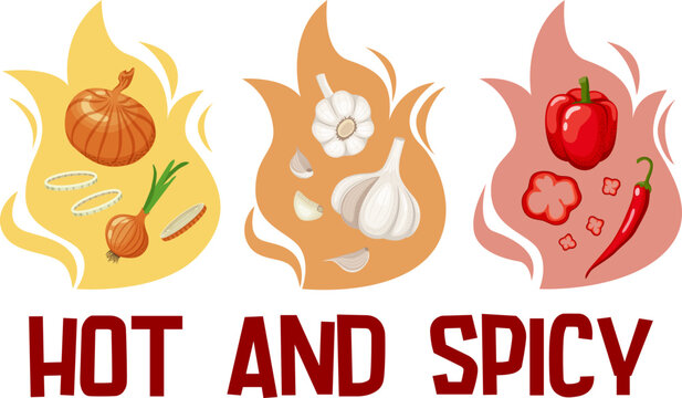 Vector illustration of a set of spicy vegetables on a background of flames and the text "hot and spisy". Sets of garlic, onion and pepper on a white background in flat style.