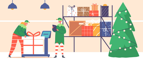 Cute Playful Christmas Elves Boy and Girl Santa Helpers in Green Costume and Stockings Weigh Gift Boxes on Scales