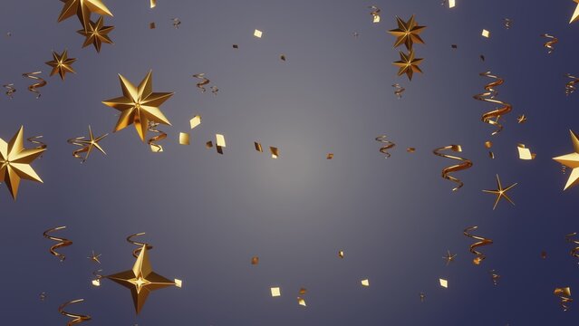 Christmas and New Year background. Manu golden stars and confetti. Festive backdrop.