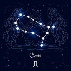 Obraz na płótnie Canvas Gemini, constellation and zodiac sign on the background of the cosmic universe. Blue and white design. Illustration, vector