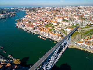 Aerial view of Porto, Ribeira and Douro River at sunrise