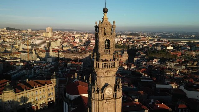 Aerial view of the Clerigos Tower (Torre dos Clerigos), Porto, Portugal. Unesco World Heritage Site