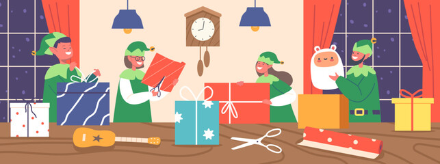 Funny Elves Santa Claus Helpers Working In Office Room Prepare Gifts and Presents to Kids for Christmas And New Year