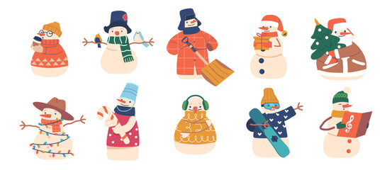 Set of Snowmen Winter Characters, Funny New Year and Christmas Personages Drinking Cocoa, Singing, Holding Gift Box