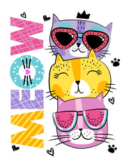 Cute abstract illustration with cartoon cats in glasses fruits. Design for children and girls. 
Summer fashion girlish print for t-shirt 