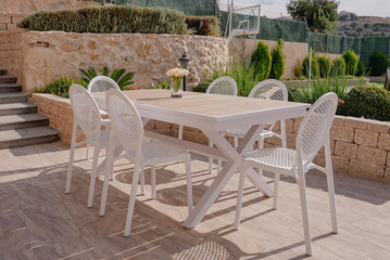 white Metal Table,wooden table face With 6 Chairs Outdoor In The Home Garden

