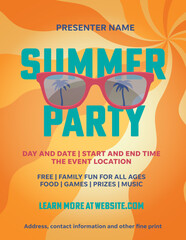 Summer Party Flyer, with funbackground, palm trees reflected in sunglasses, and groovy-wavy sunbeams.