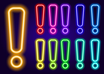 Vector neon exclamation mark set of different colors. a collection of an isolated exclamation mark element glowing on dark blue with different colors of red, blue and green for a design template. a sy