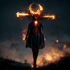 A Female Demon Burning in the Holy Cross, 3d Representation
