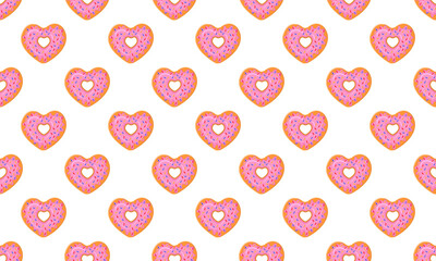 Heart shaped donut seamless pattern. Sweet doughnuts with sprinkles background for Valentines day. Scrapbooking or wrapping paper, napkin or tablecloth fabric design. Vector cartoon illustration