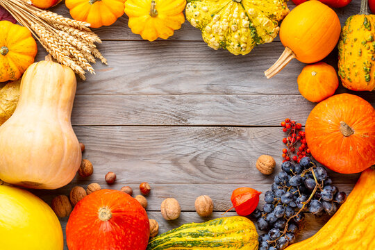 Autumn still life image frame with pumpkins, melon, rye, apples, rowan, nuts and grapes with free space on woooden table. Thanksgiving autumn concept background.