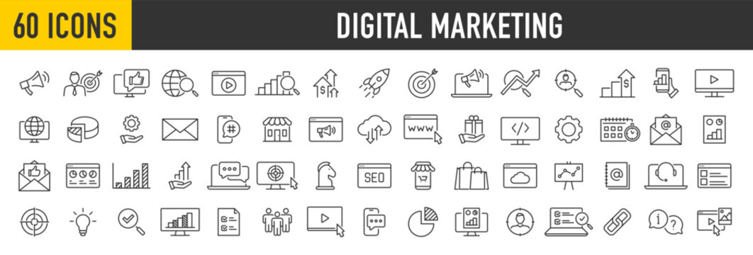 Set of 60 Digital Marketing web icons in line style. Social, networks, feedback, communication, marketing, content, analysis, ecommerce collection. Vector illustration.