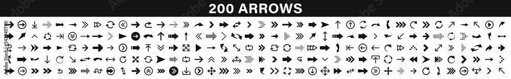 Poster arrows set of 200 black icons. arrow icon. arrow vector collection. arrow. cursor. modern simple arr