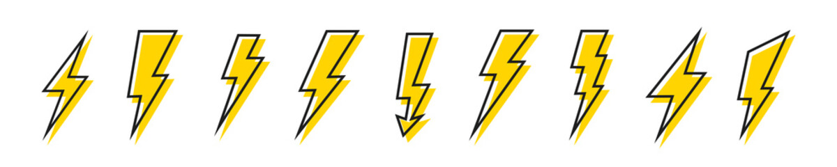 Lightning icons set. Thunder and Bolt. Flash icon. Lightning bolt. Black and yellow silhouette. Vector Illustration.