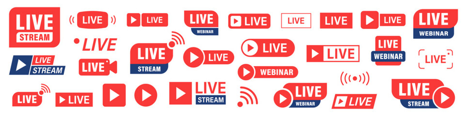 Set of Live stream or webinar icons. Colored button. Live event. Stream, webinar, chat. Vector illustration.