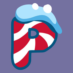 christmas winter letter P with red white lolipop ornament and snow, dark blue backdrop, doodle