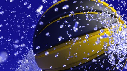 Black-Yellow Basketball with Diamond Water Particles under White-Blue Lighting Background. 3D illustration. 3D high quality rendering. 3D CG.