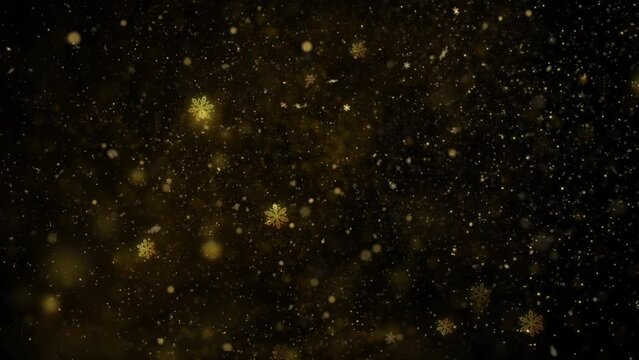 Golden Snowfall Against Black Background 4K Loop features golden glitter and snowflakes falling against a black atmosphere in a loop perfect for a Christmas background.