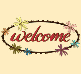 vector design with welcome text and flowers in retro colors